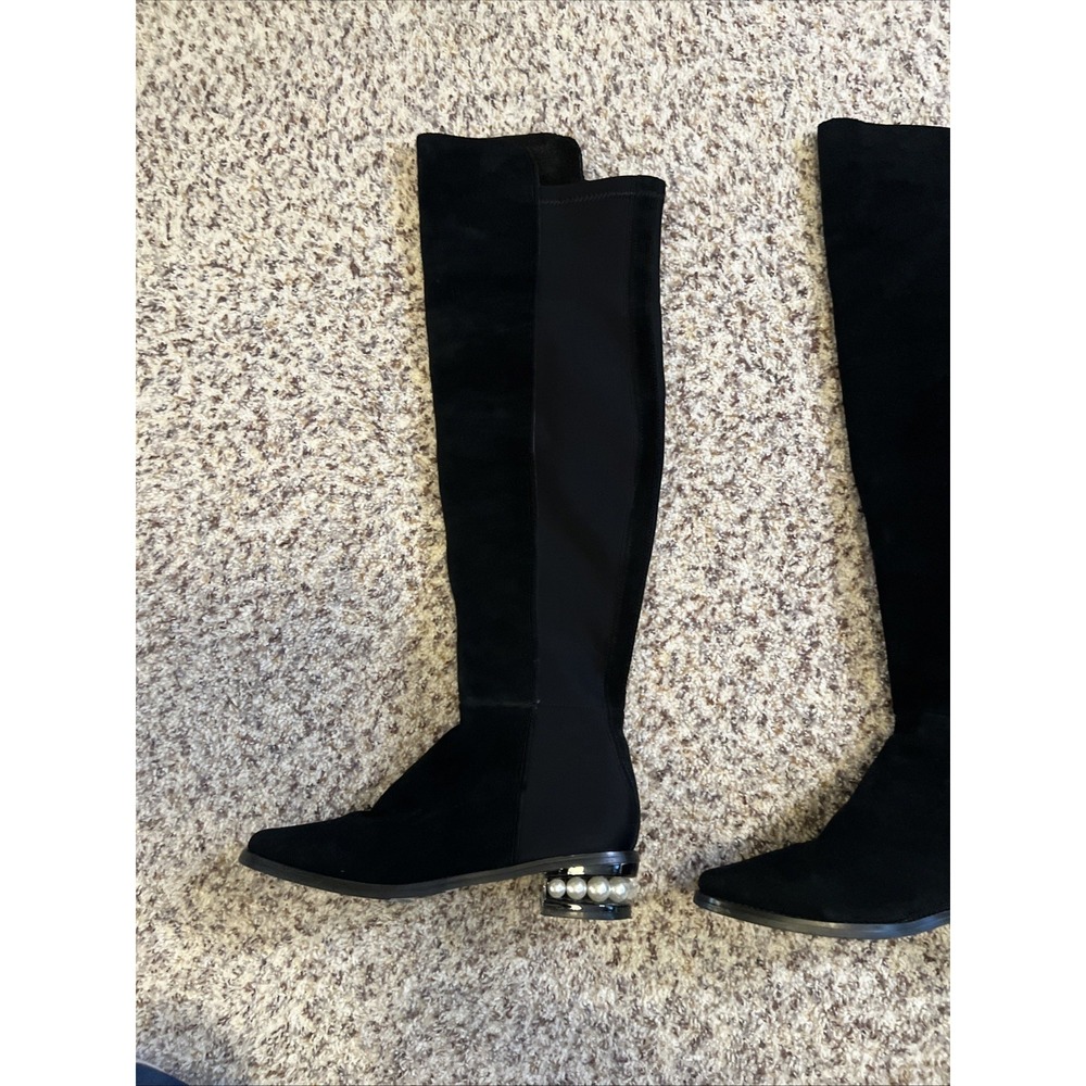 CATHERINE MALANDRINO Black Suede Pearl Heel Over Knee Boots Sz9 Great Condition
